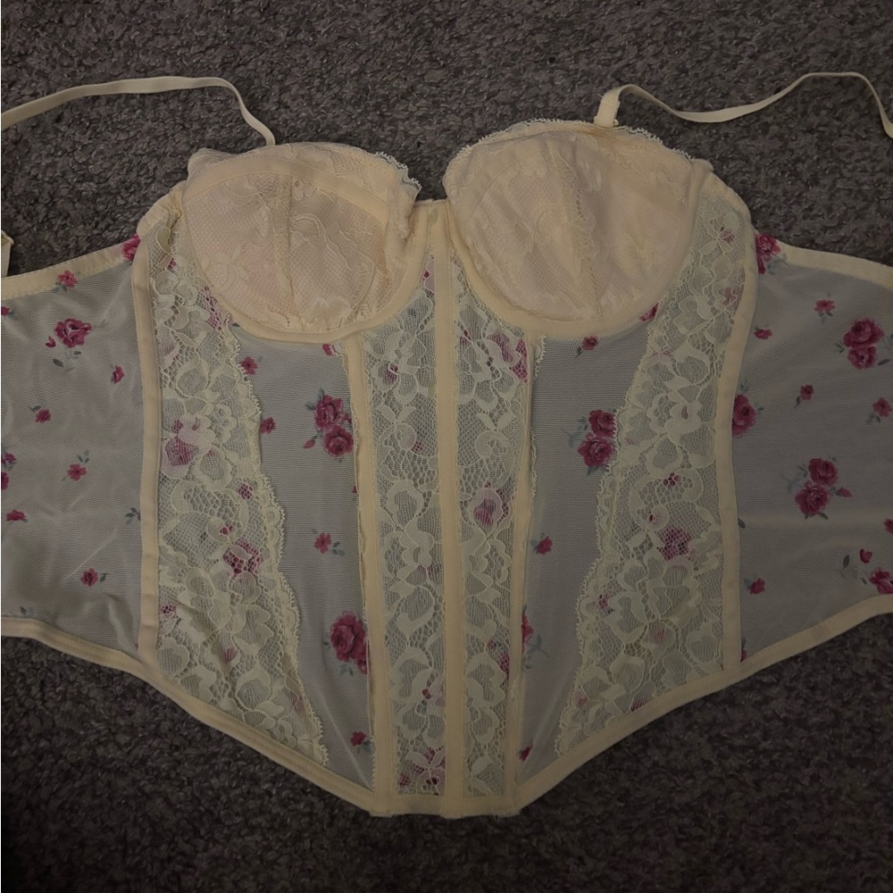 Garage Cream and Pink Floral Lace Crop Top